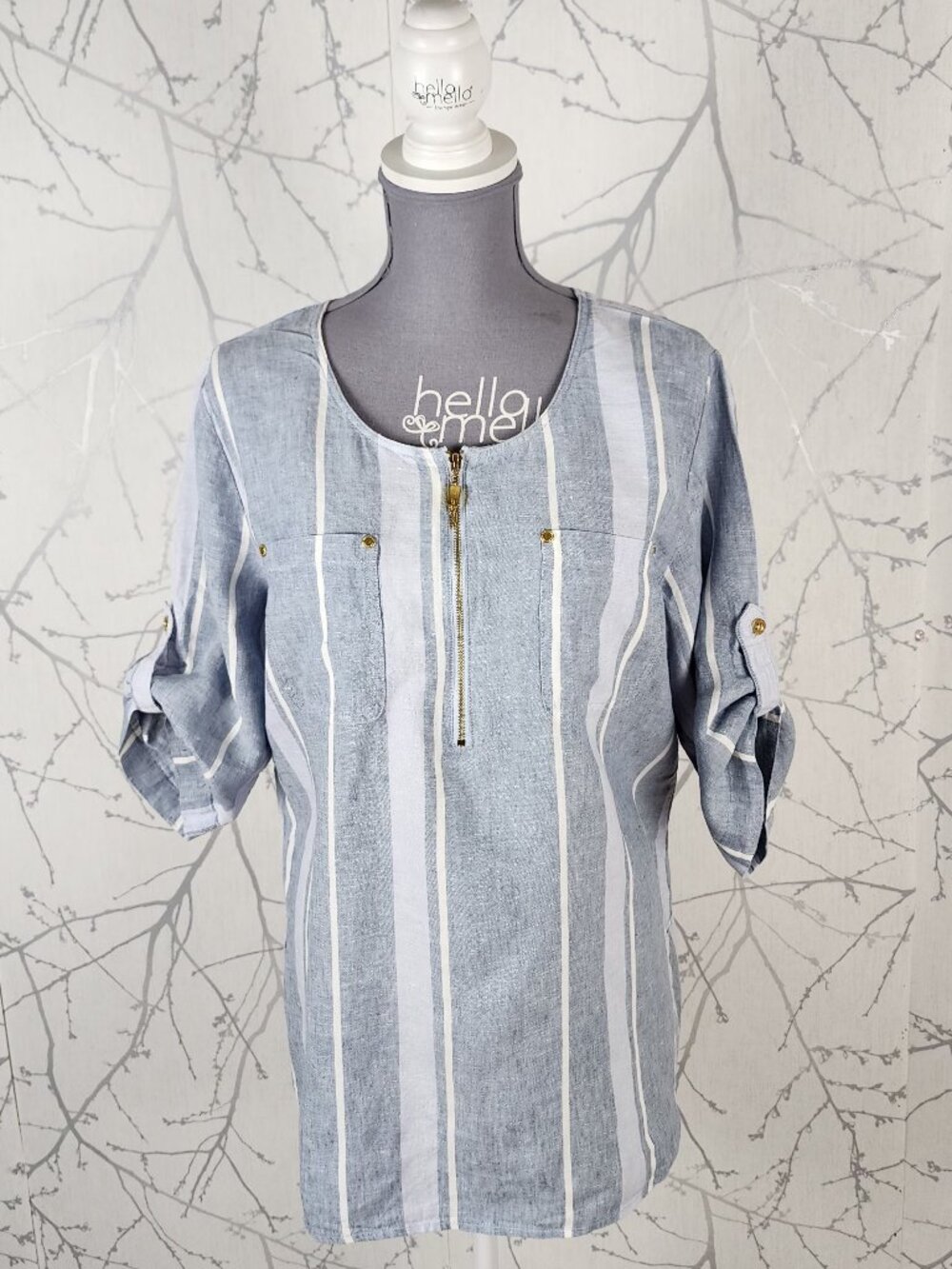 Ellen Tracy Blue Striped 100% Linen Gold Half Zip Blouse